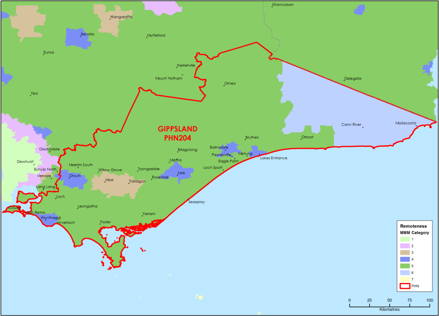 Gippsland PHN MMM remoteness area map