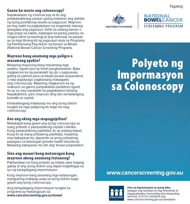 National Bowel Cancer Screening Program – Colonoscopy brochure – Tagalog