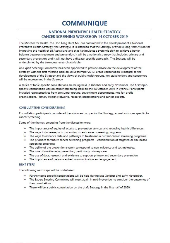 Cover image for NPHS Expert Steering Committee communique – Cancer screening consultation workshop, October 2019