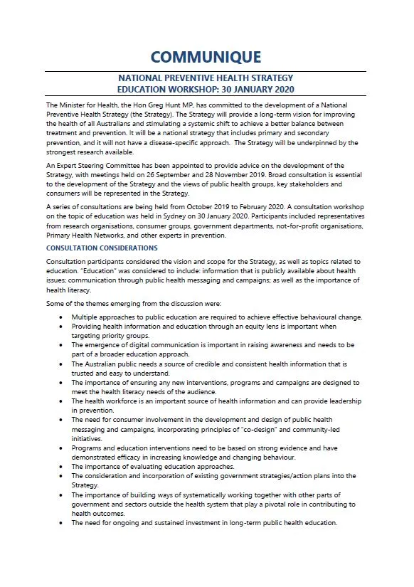 Cover image for National Preventive Health Strategy Expert Steering Committee communique – Education workshop, January 2020