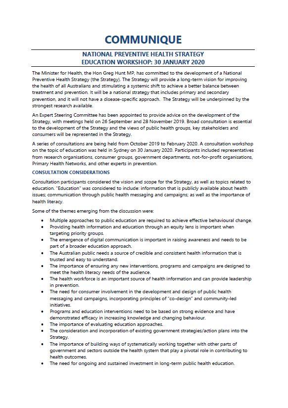 Cover image for National Preventive Health Strategy Expert Steering Committee communique – Education workshop, January 2020