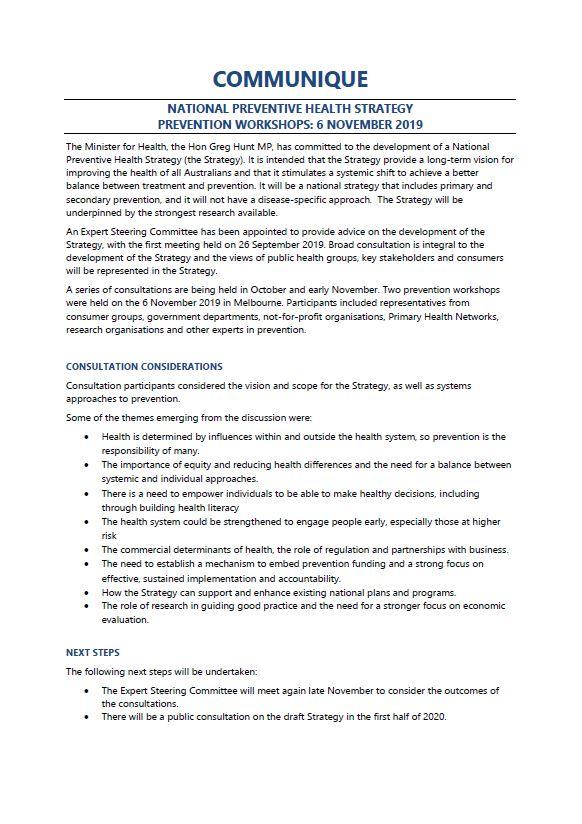 Cover image for National Preventive Health Strategy Expert Steering Committee communique – Prevention workshop, November 2019