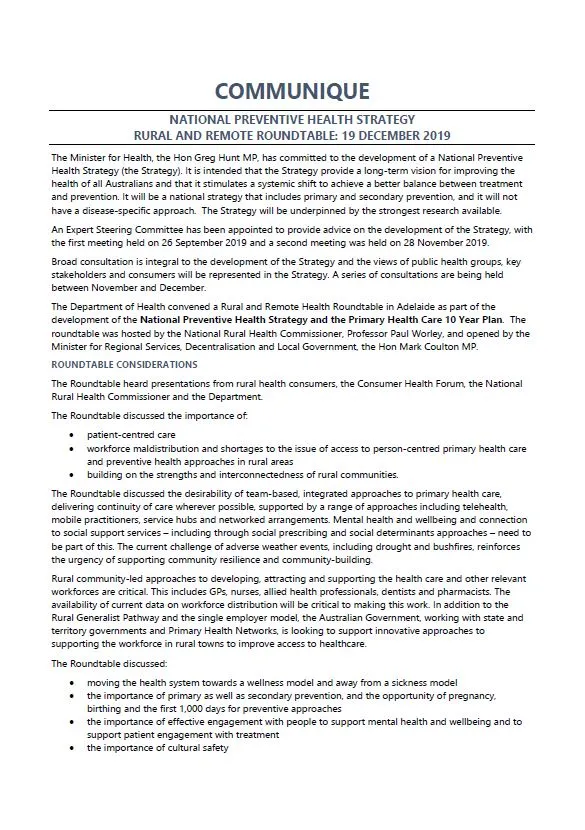 Cover image National Preventive Health Strategy Expert Steering Committee communique – Rural and remote roundtable, December 2019
