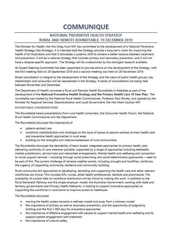 Cover image National Preventive Health Strategy Expert Steering Committee communique – Rural and remote roundtable, December 2019
