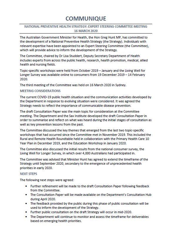 Cover image National Preventive Health Strategy Expert Steering Committee communique – March 2020