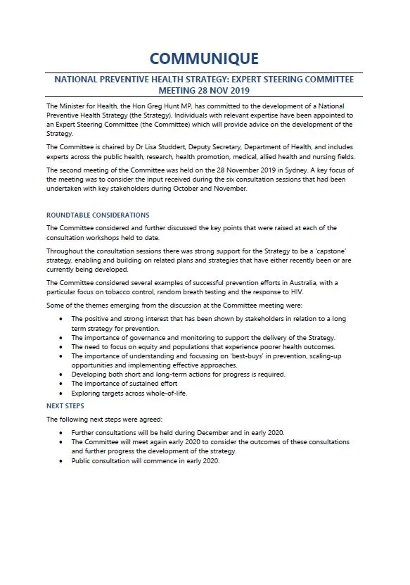 Cover image for National Preventive Health Strategy Expert Steering Committee communique – November 2019