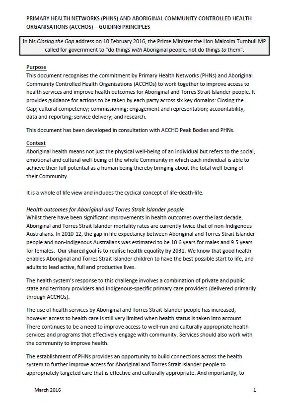Cover image for Primary Health Networks (PHN) and Aboriginal Community Controlled Health Organisations guiding principles