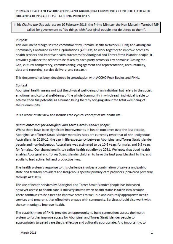 Cover image for Primary Health Networks (PHN) and Aboriginal Community Controlled Health Organisations guiding principles