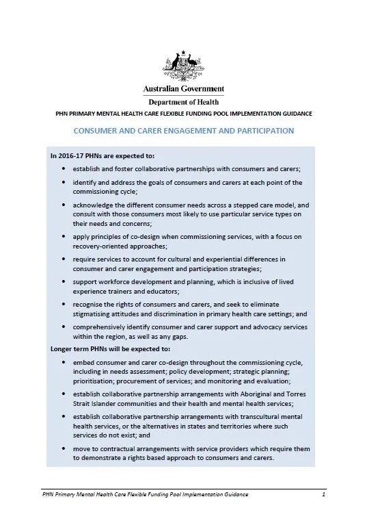 Cover image for Primary Health Networks (PHN) mental health care guidance – consumer and carer engagement and participation