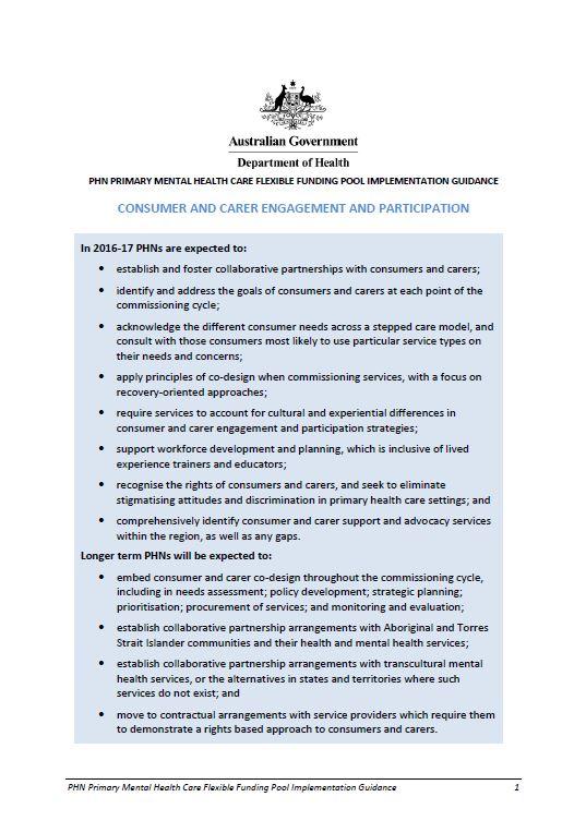 Cover image for Primary Health Networks (PHN) mental health care guidance – consumer and carer engagement and participation