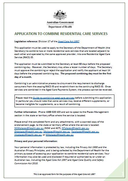 Application to Combine Residential Care Services Form