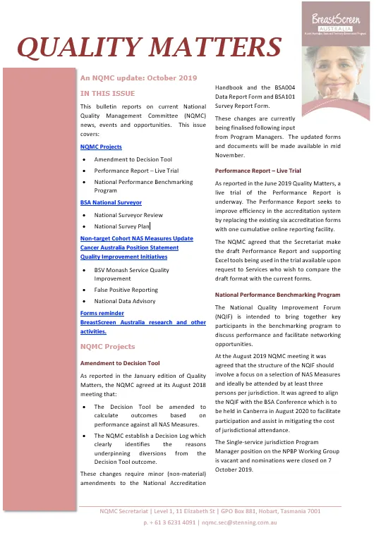 Cover image BreastScreen Australia Quality matters bulletin – October 2019