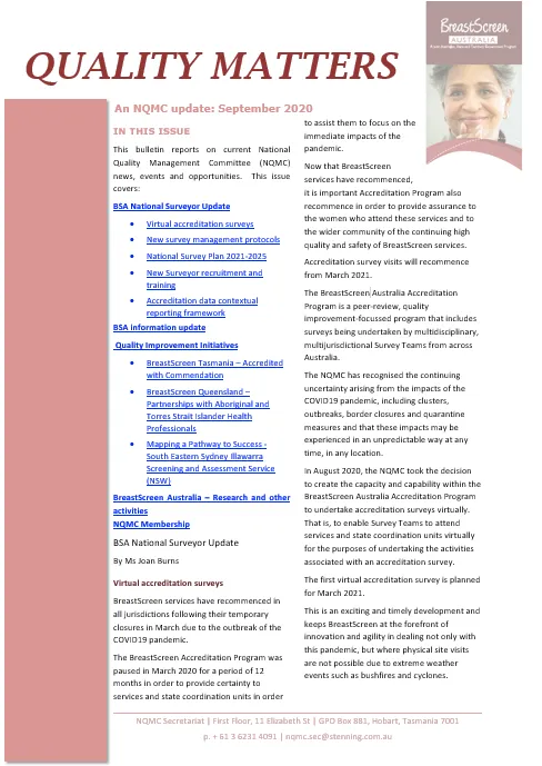 Cover image BreastScreen Australia Quality matters bulletin – September 2020