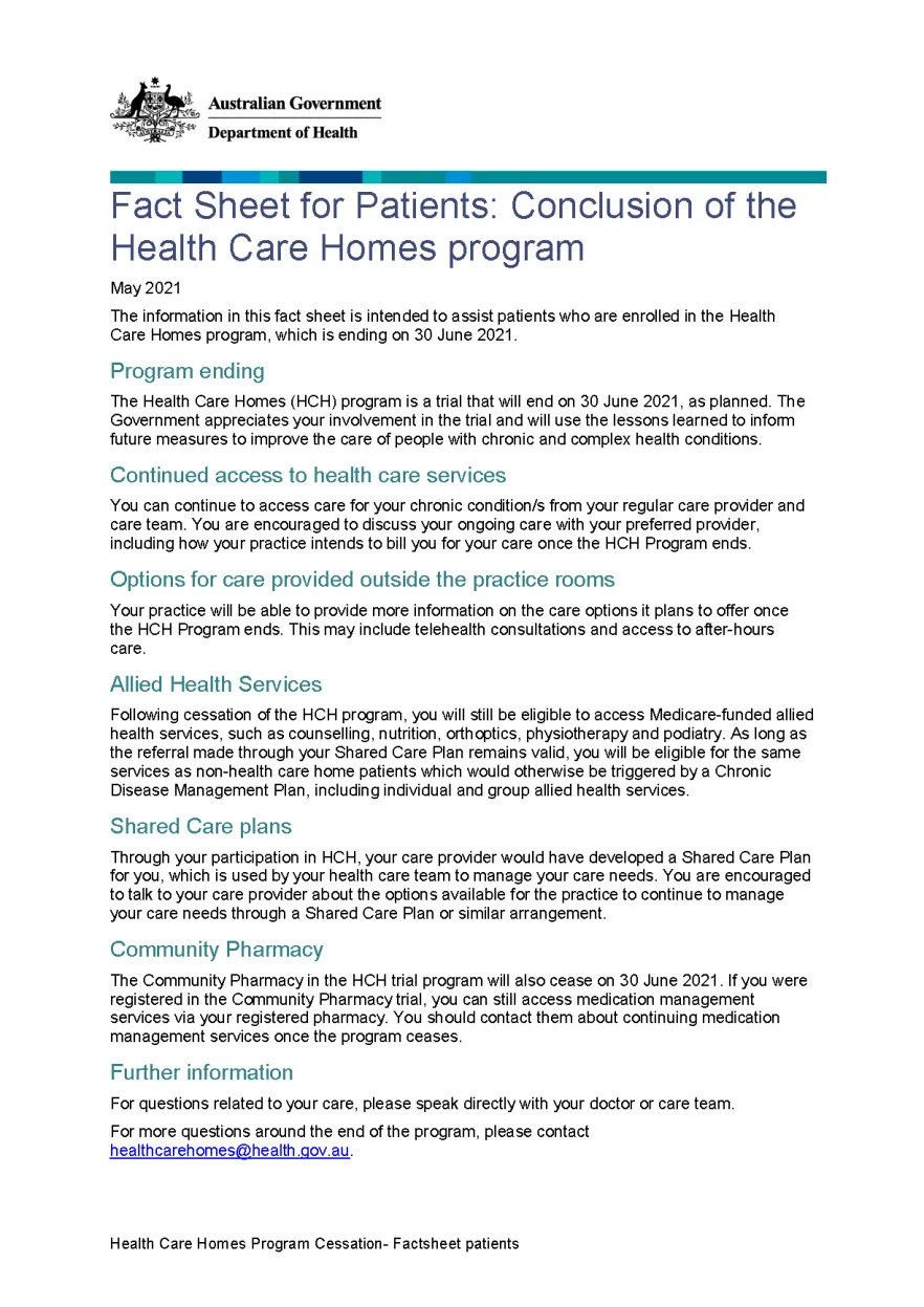 Cover image for the Conclusion of the Health Care Homes program fact sheet for Patients 
