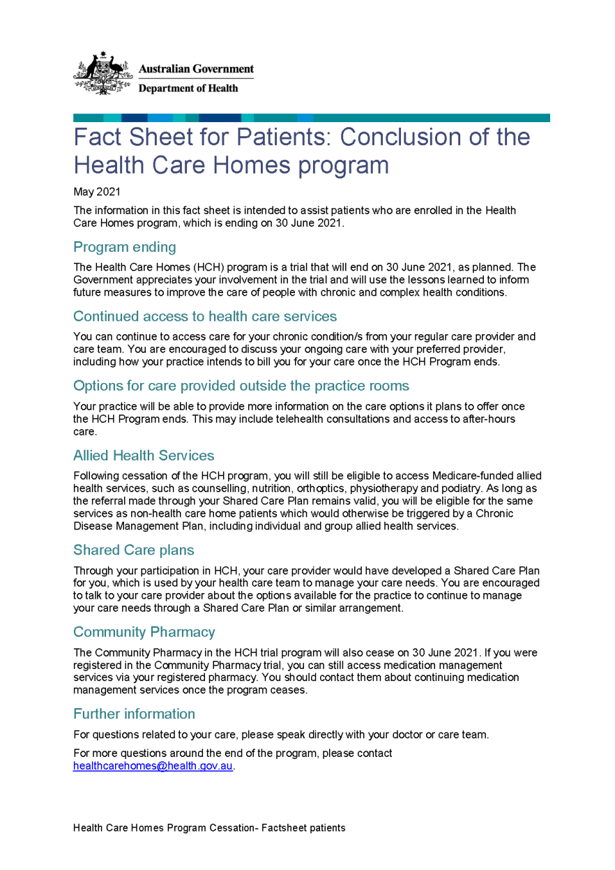 Cover image for the Conclusion of the Health Care Homes program fact sheet for Patients 