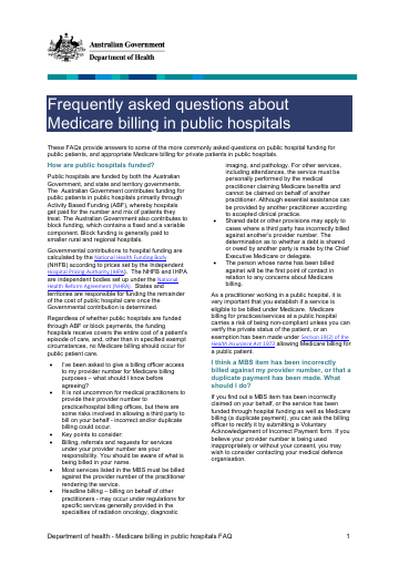 Cover of Frequently asked questions about Medicare billing in public hospitals
