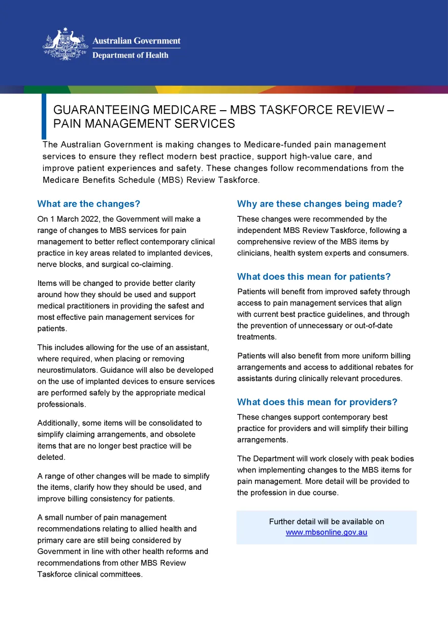 Cover image of the Pain Management Services MBS review fact sheet