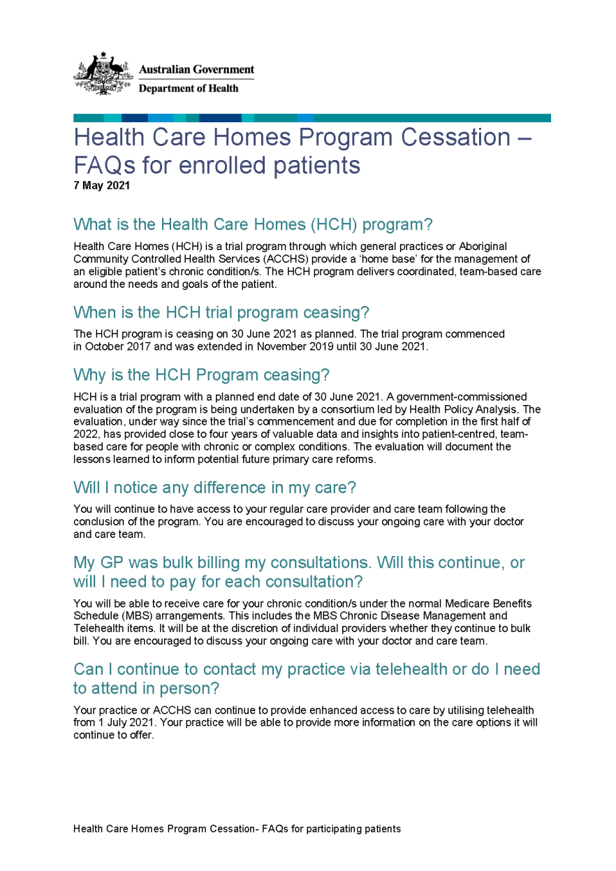cover page of the Health Care Homes Program Cessation - FAQs for enrolled patients fact sheet
