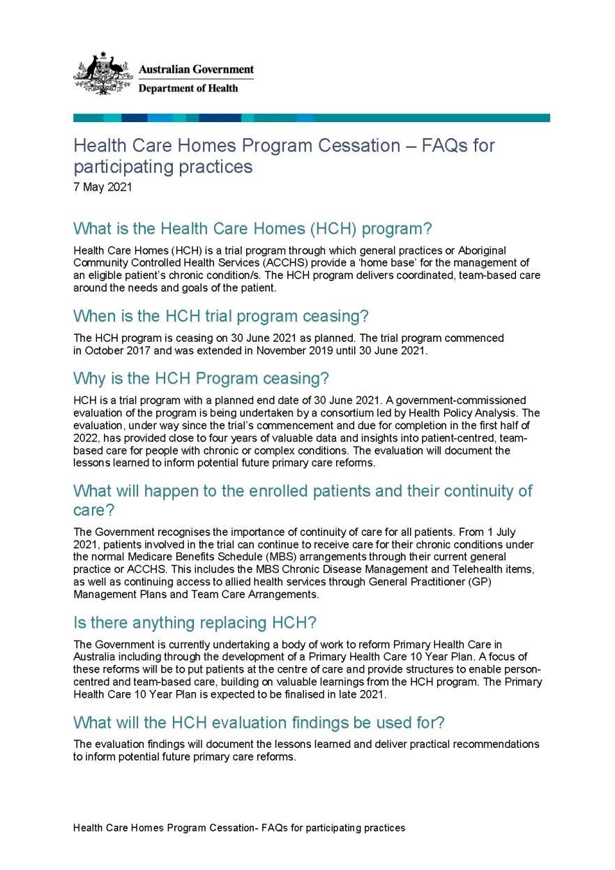 Cover image of the Health Care Homes (HCH) program cessation – FAQs for participating practices