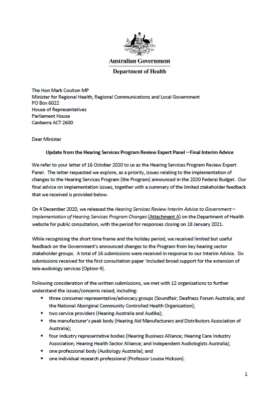 cover page for the Hearing service program final interim advice to Government