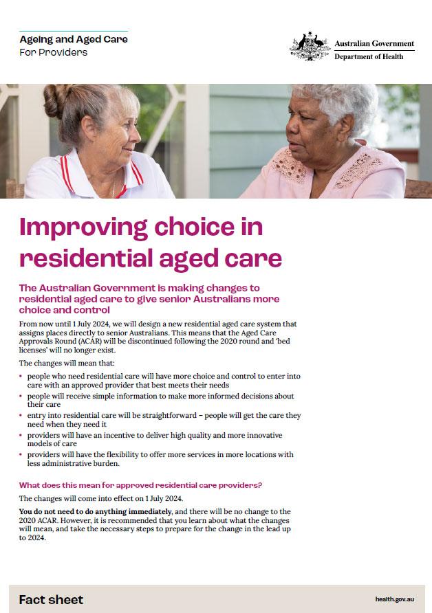 Improving choice in residential aged care – for providers