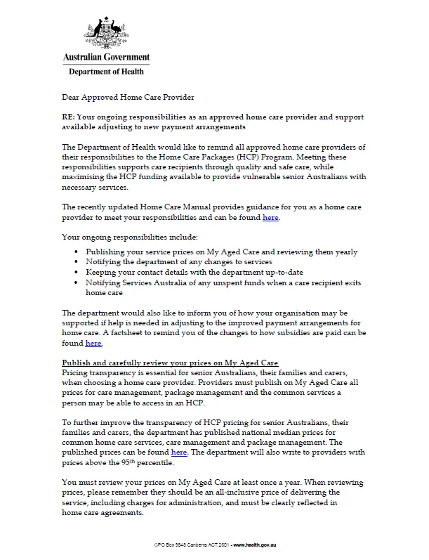 Cover image of the Letter for home care providers – May 2021