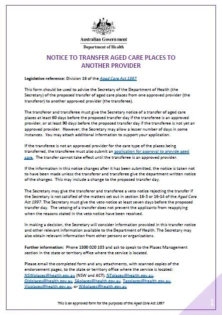 Notice to Transfer Aged Care Places to Another Provider