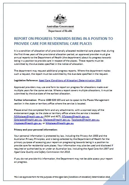 Report on Progress Towards Eligibility to Provide Care for Residential Care Places