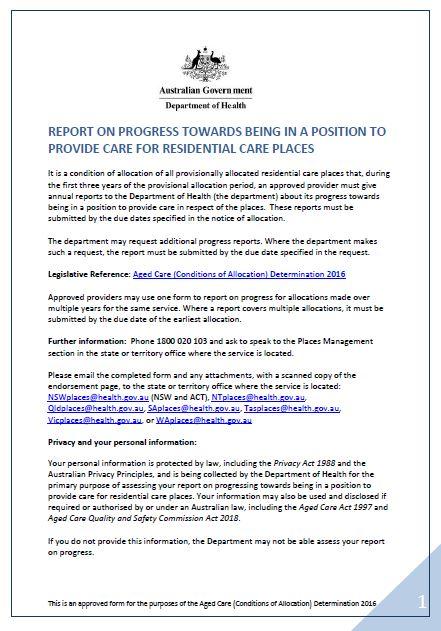 Report on Progress Towards Eligibility to Provide Care for Residential Care Places
