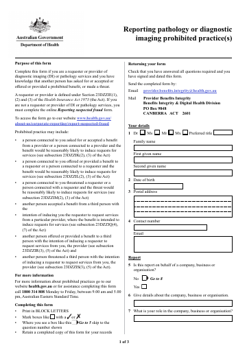 Cover of Reporting pathology or diagnostic imaging prohibited practices form