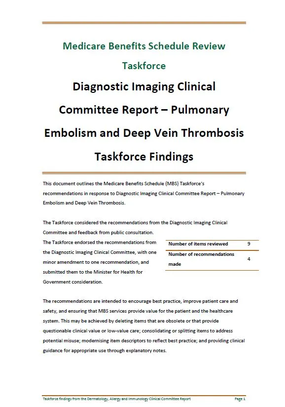Cover image of Taskforce findings – Diagnostic Clinical Committee PE/DVT report