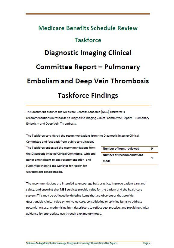 Cover image of Taskforce findings – Diagnostic Clinical Committee PE/DVT report