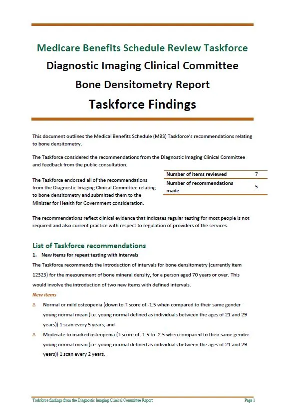 Cover image of Taskforce findings – Diagnostic Imaging Clinical Committee Bone Densitometry report 