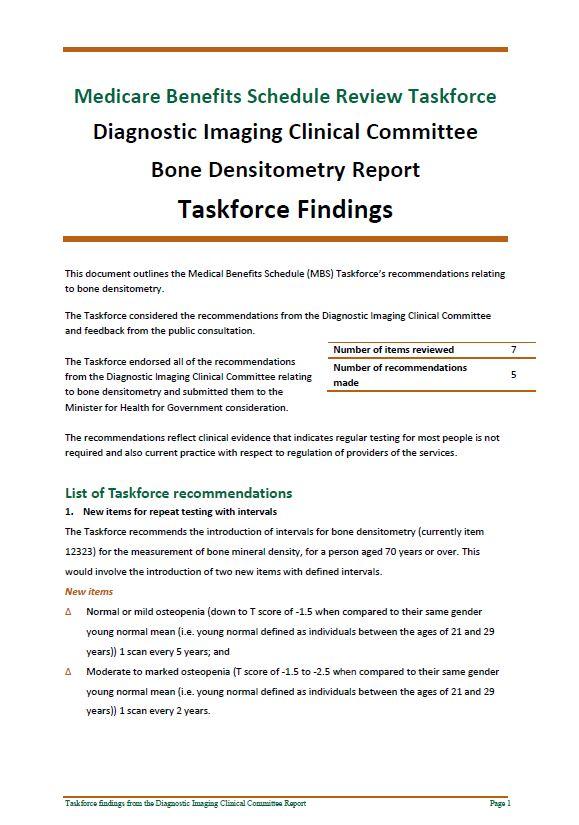 Cover image of Taskforce findings – Diagnostic Imaging Clinical Committee Bone Densitometry report 