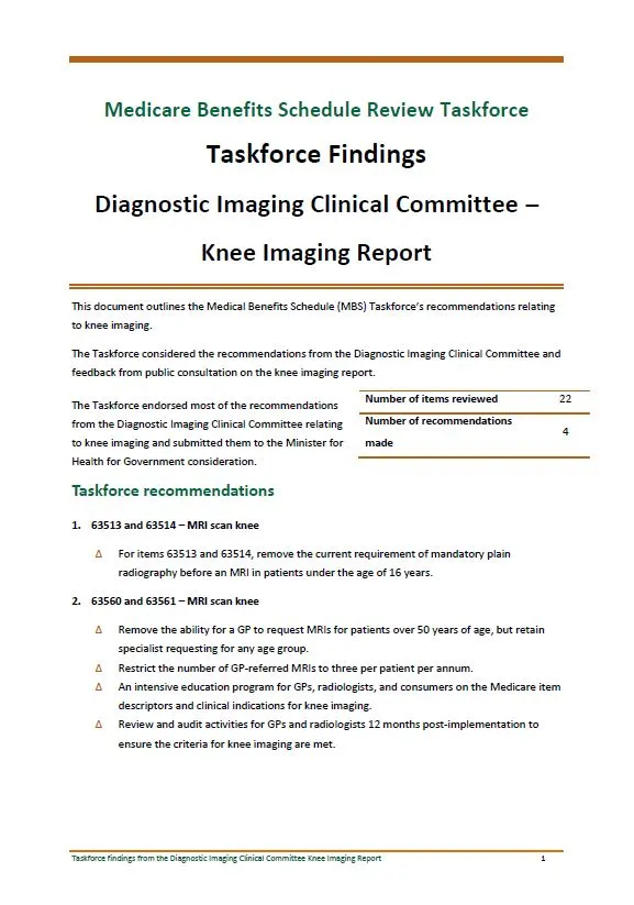 Cover image of Taskforce findings – Diagnostic Imaging Clinical Committee Knee Imaging report