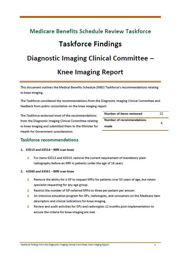 Cover image of Taskforce findings – Diagnostic Imaging Clinical Committee Knee Imaging report