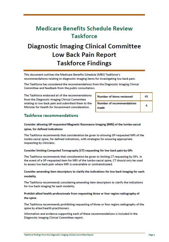 Cover image of Taskforce findings – Diagnostic Imaging Clinical Committee Low Back Pain report
