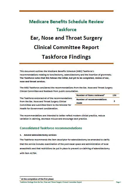 Cover image for Taskforce findings – Ear, Nose and Throat Surgery Clinical Committee report 