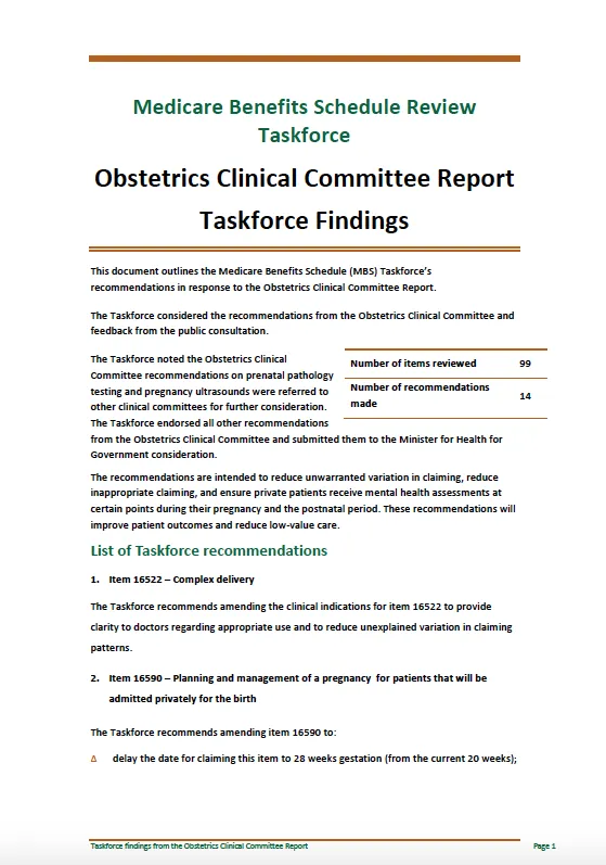 Cover image for Taskforce findings – Obstetrics Clinical Committee report 