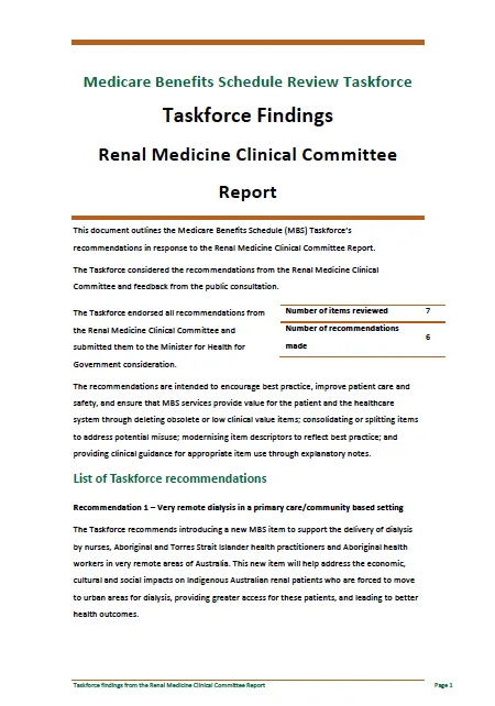 Cover image for Taskforce findings – Renal Medicine Clinical Committee report 