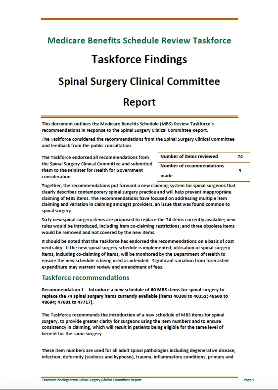 Cover image for Taskforce findings – Spinal Surgery Clinical Committee report 