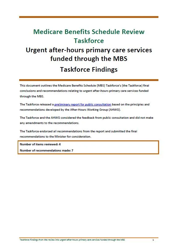 Cover image of Taskforce findings – Urgent after-hours primary care services funded through the MBS
