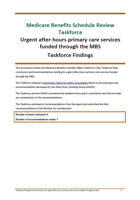 Cover image of Taskforce findings – Urgent after-hours primary care services funded through the MBS
