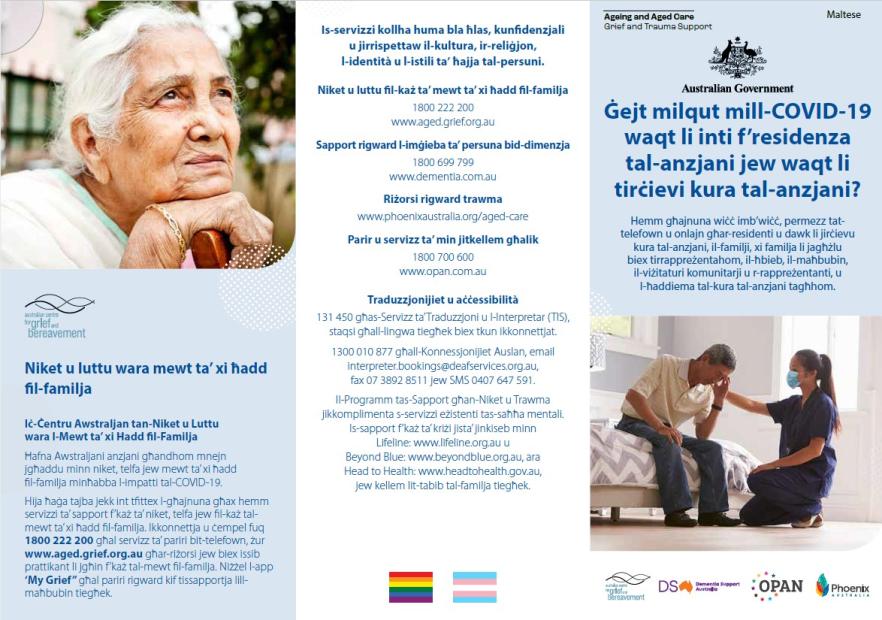 Coronavirus (COVID-19) – Ġejt milqut mill-COVID-19 waqt li inti f’residenza tal-anzjani jew waqt li tirċievi kura tal-anzjani? (Grief and Trauma Support Services – Brochure)