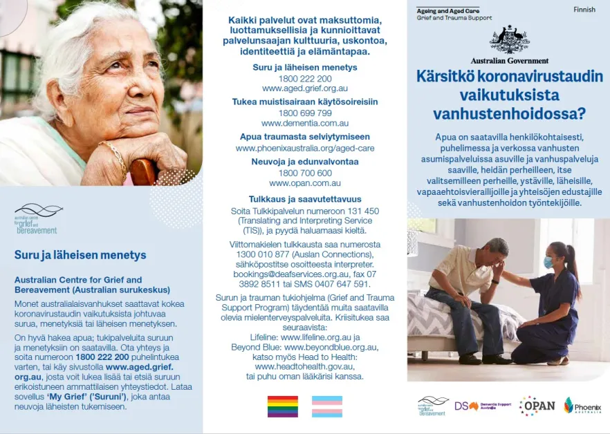 Coronavirus (COVID-19) – Kärsitkö koronavirustaudin vaikutuksista vanhustenhoidossa? (Grief and Trauma Support Services – Brochure)