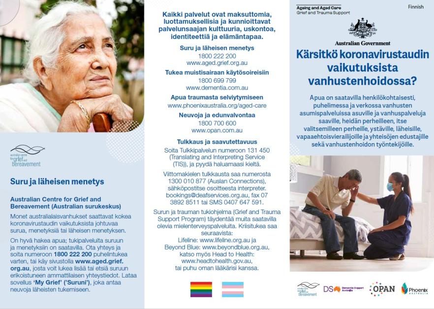 Coronavirus (COVID-19) – Kärsitkö koronavirustaudin vaikutuksista vanhustenhoidossa? (Grief and Trauma Support Services – Brochure)