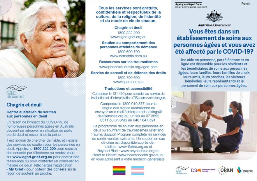 Coronavirus (COVID-19) – Vous êtes dans un établissement de soins aux personnes âgées et vous avez été affecté par le COVID-19? (Grief and Trauma Support Services – Brochure)