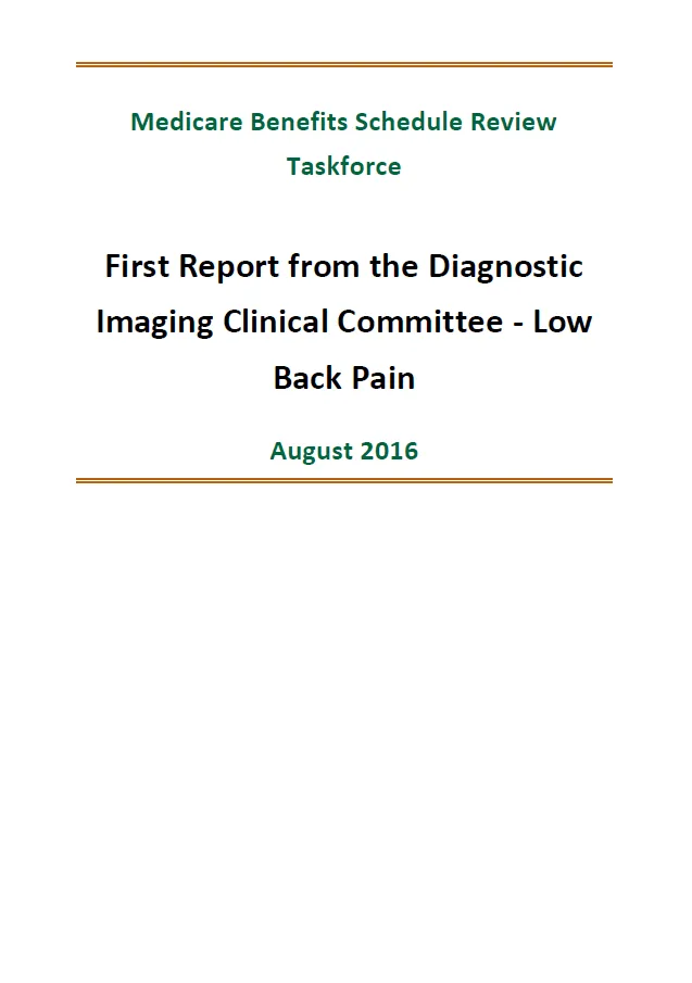 Cover image of final clinical committee report for Diagnostic Imaging – Low Back Pain