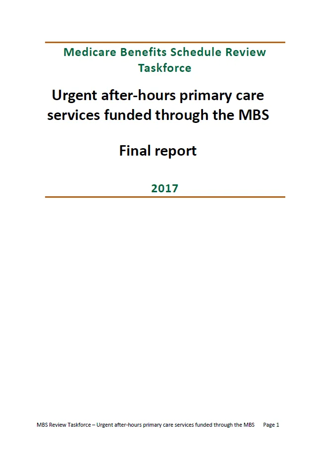 Cover image of final clinical committee report for Urgent After-hours Primary Care