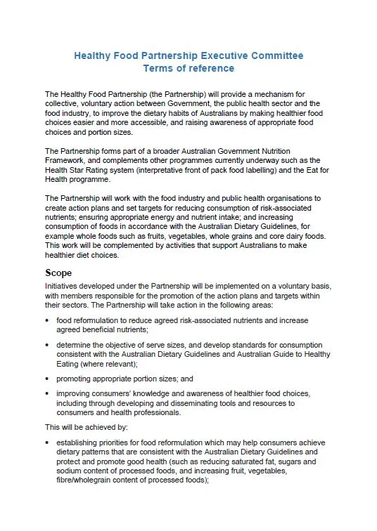 Cover image for Healthy Food Partnership Executive Committee terms of reference